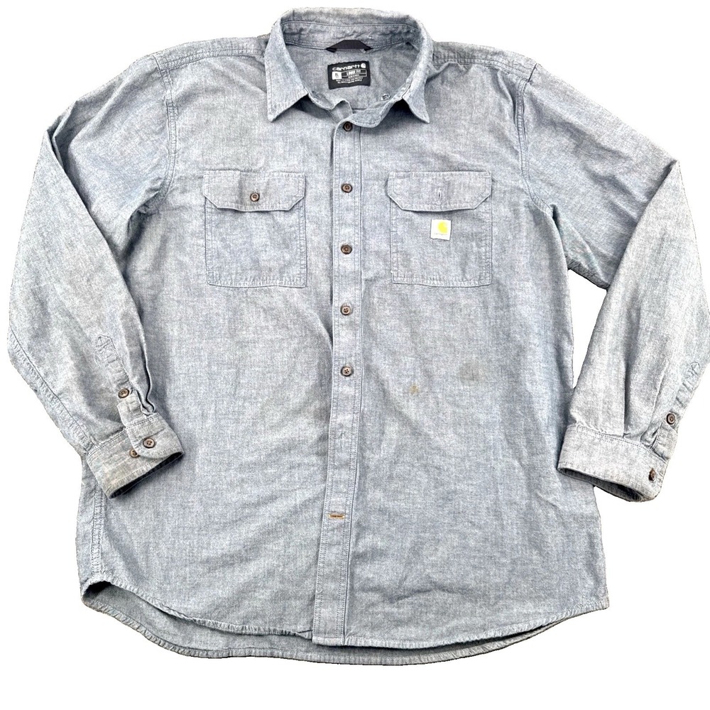 Carhartt Loose Fit Mens XL Tall Gray Chambray Two Pocket Workwear Button Shirt
